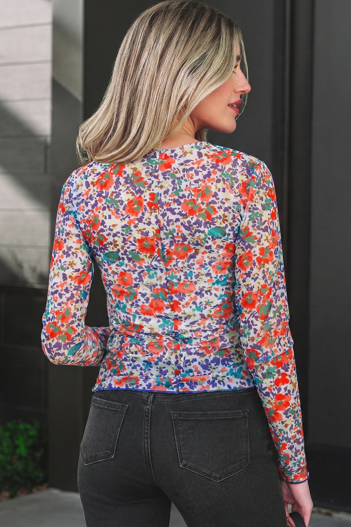 Oatmeal Western Print Slim Fit Mesh Long Sleeve Mock Neck Top