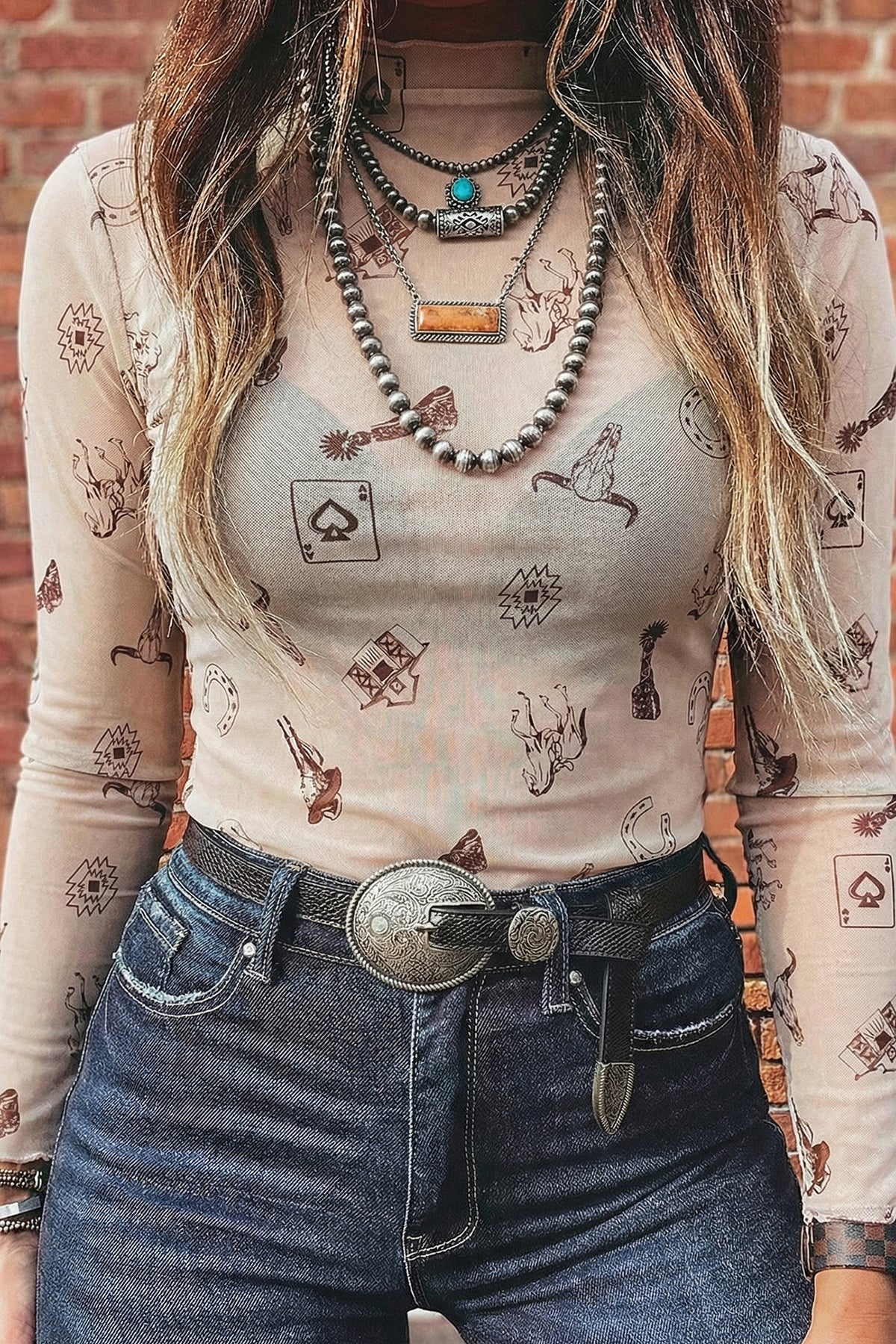 Oatmeal Western Print Slim Fit Mesh Long Sleeve Mock Neck Top