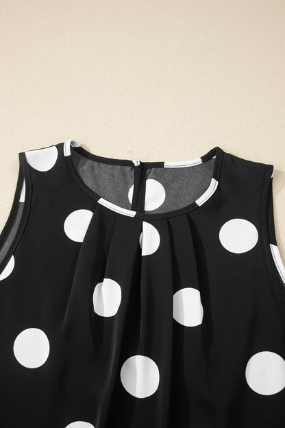 Black Polka Dot Print Pleated Round Neck Tank Casual Wide Leg Two-Piece Outfit