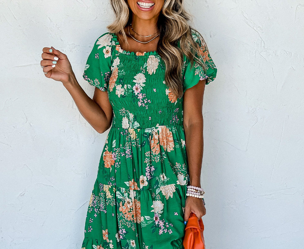 Green Floral Print Bubble Sleeve Smocked Tiered Midi Dress