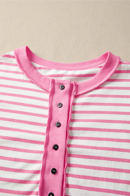 Pink Stripe Half Placket High Low Short Sleeve Top