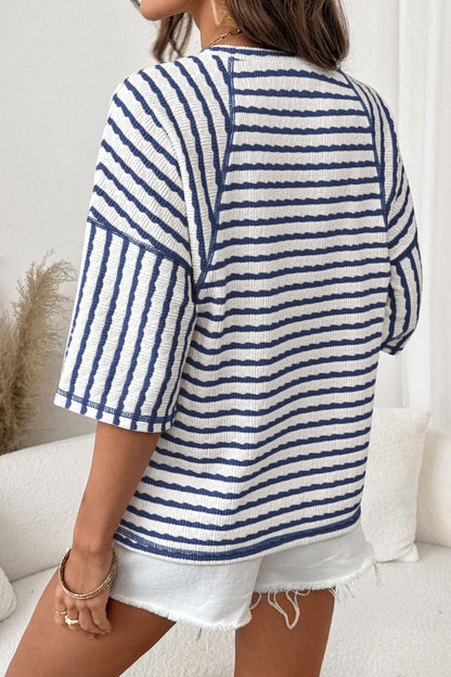 Blue Stripe Textured Knit Split Hem Half Sleeve Loose Top