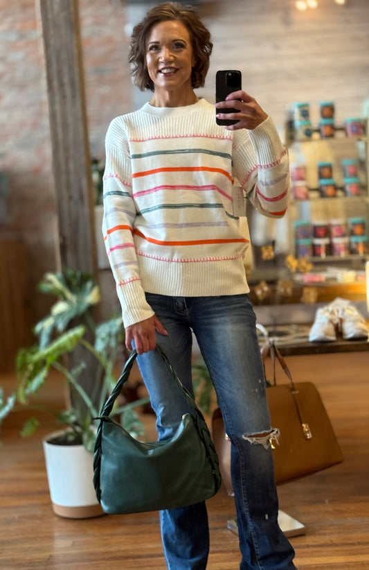 THE KILE- COLORFUL STRIPED RIBBED TRIM SWEATER