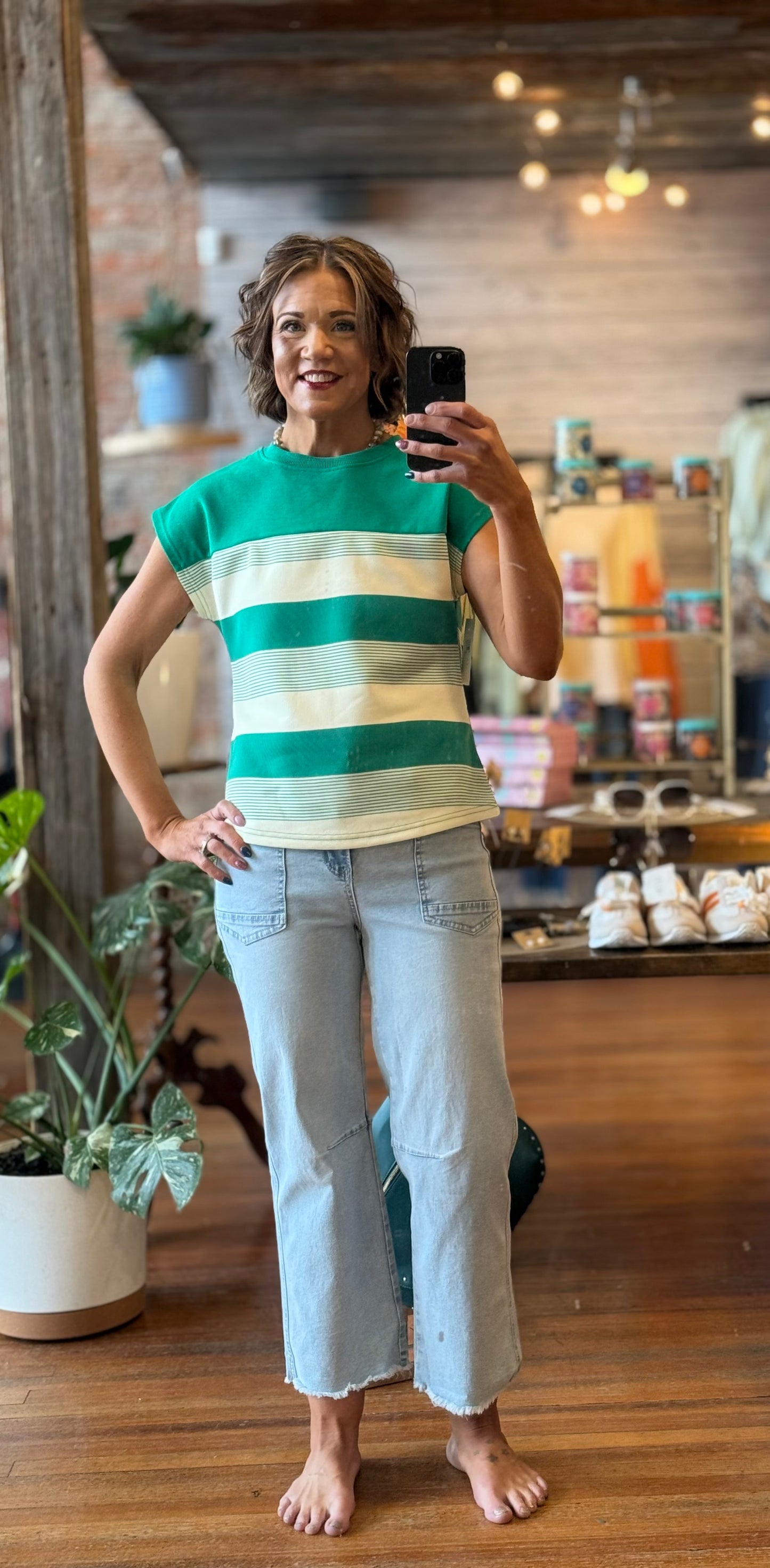 THE MIXIE- STRIPE  MIXED PRINT CAP SLEEVE
