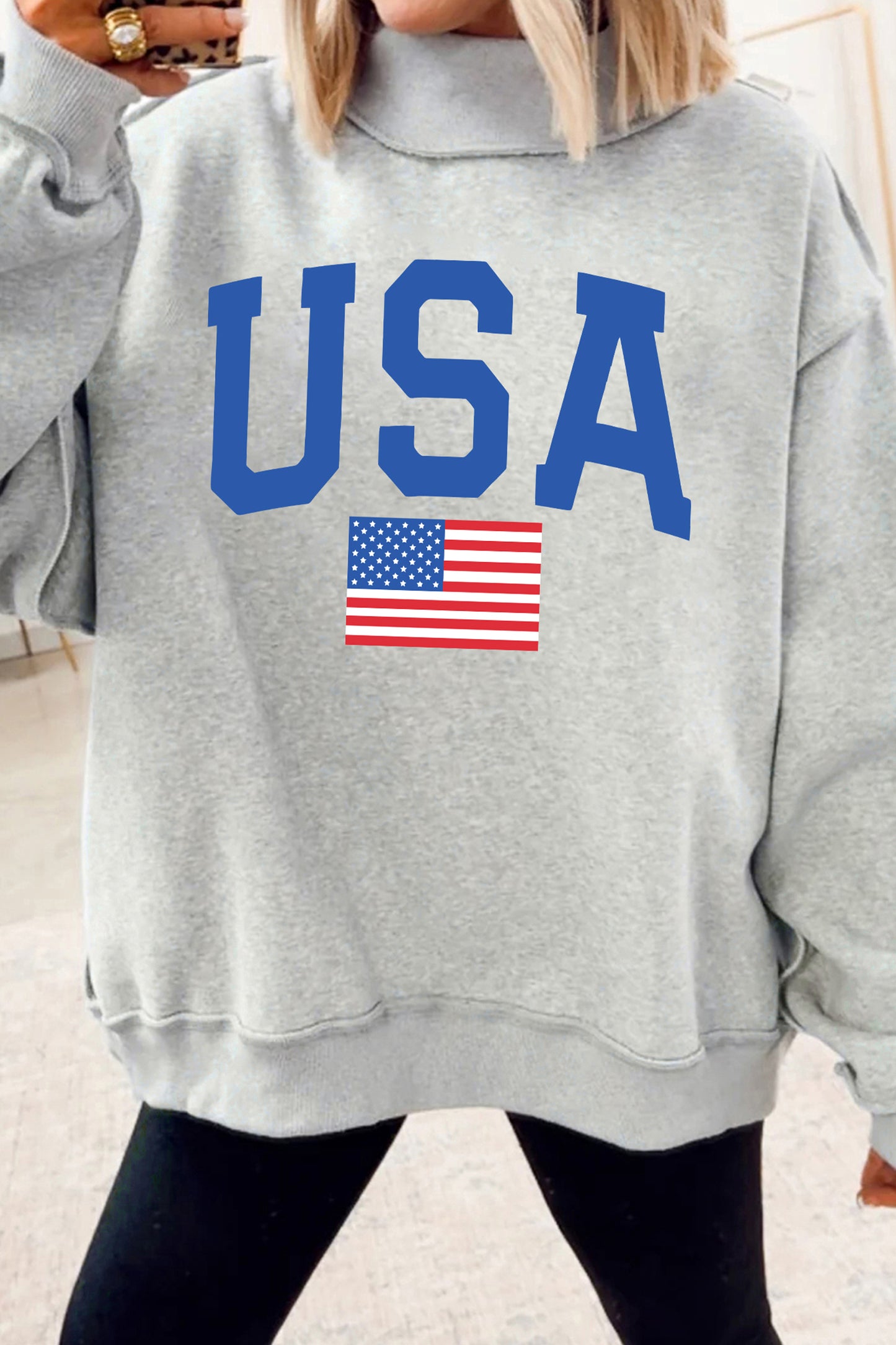 Light Grey Mock Neck Reversible USA/America Graphic Sweatshirt