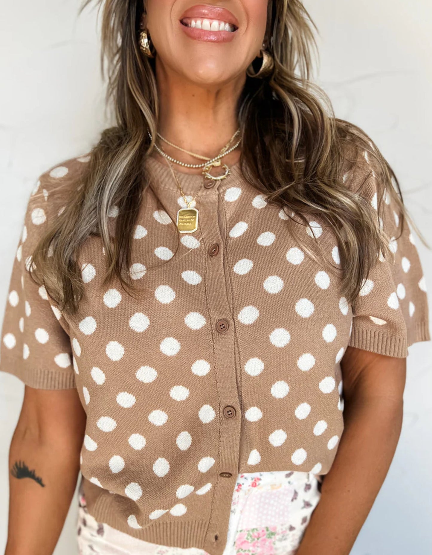 Dark Khaki Polka Dot Short Sleeve Button Down Sweater Cardigan