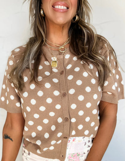 Dark Khaki Polka Dot Short Sleeve Button Down Sweater Cardigan
