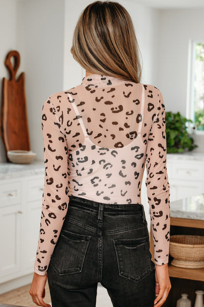 Khaki Mock Neck Sheer Mesh Leopard Long Sleeve Bodysuit