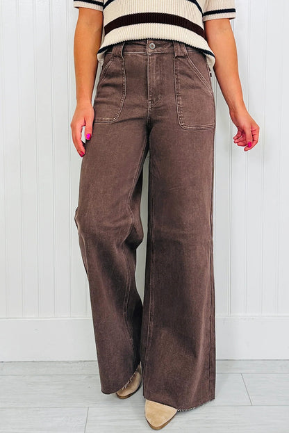 Dark Brown Retro Washed Patch Pocket Loose Jeans