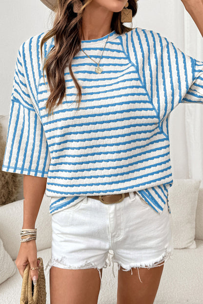 Sky Blue Stripe Textured Knit Split Hem Half Sleeve Loose Top